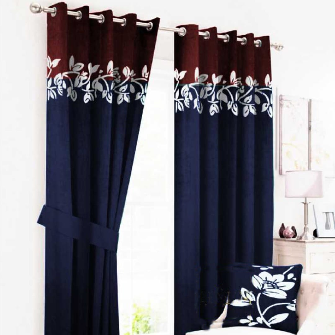 2 Tone Velvet Curtains floral design ( Blue & Maroon )