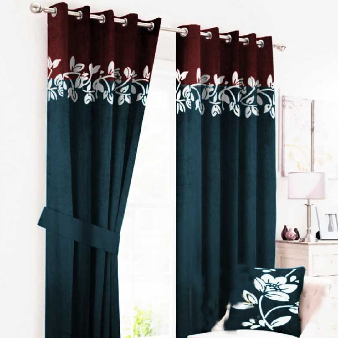 2 Tone Velvet Curtains floral design ( Tail & Maroon )