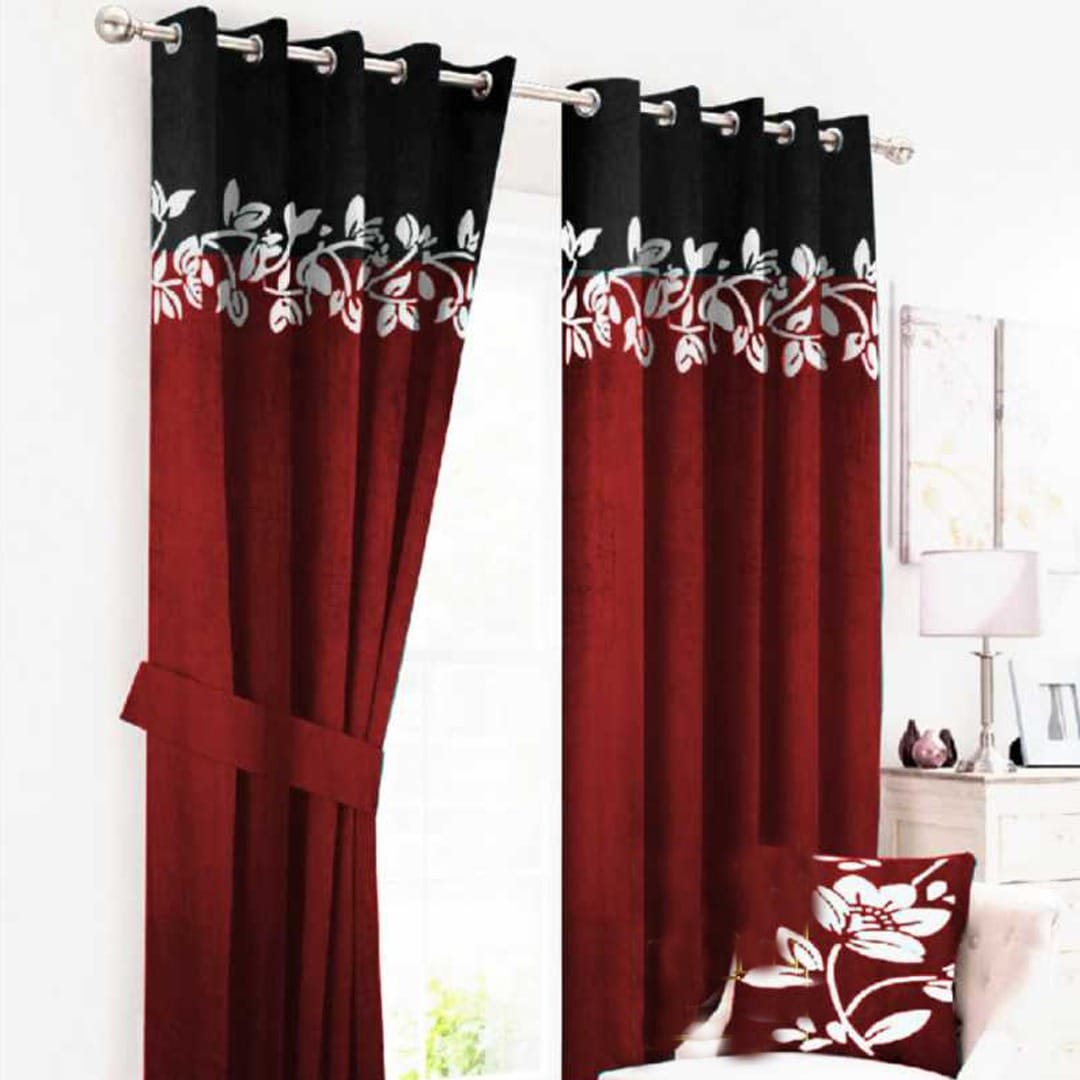 2 Tone Velvet Curtains floral design ( Red & Black )