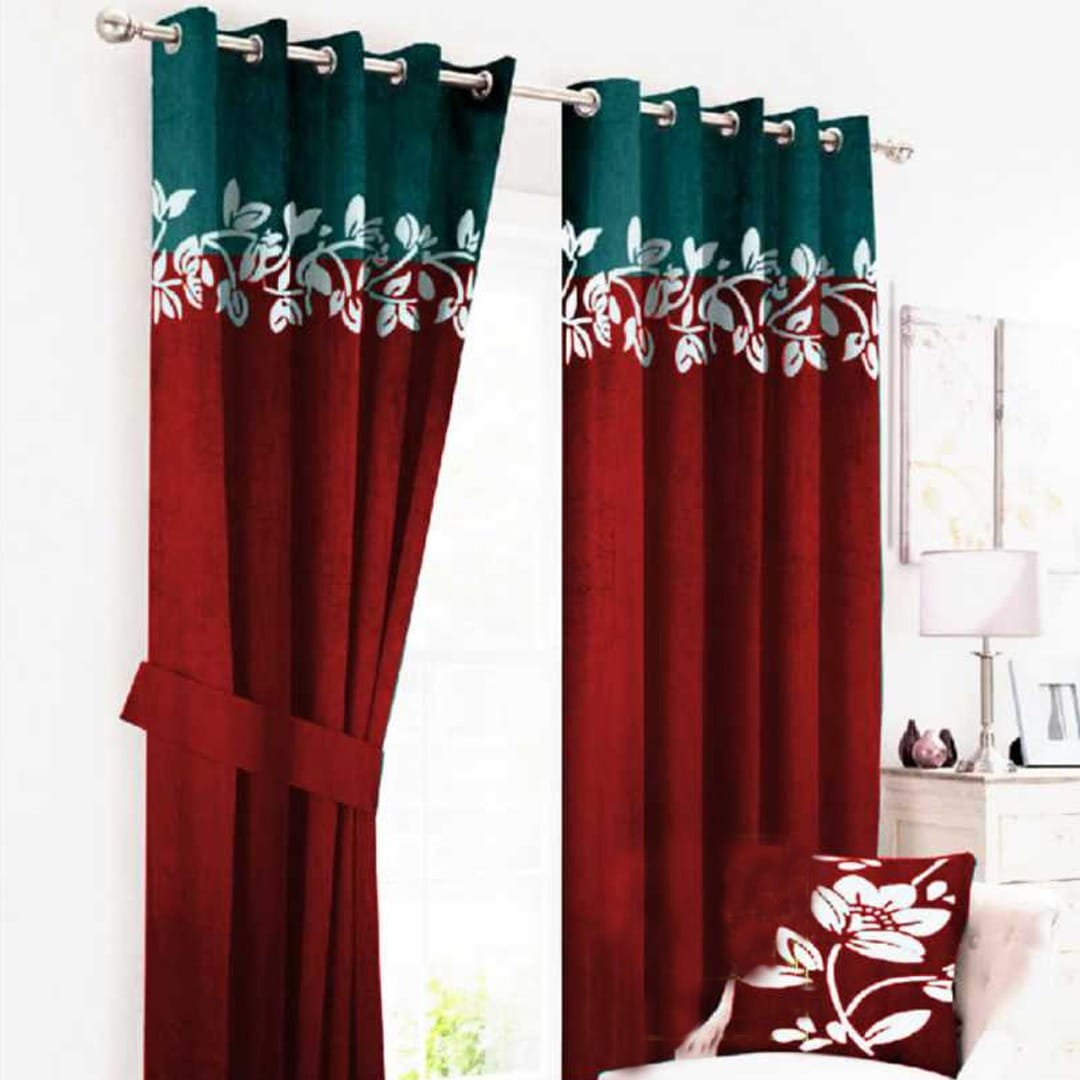 2 Tone Velvet Curtains floral design ( Red & Tail )