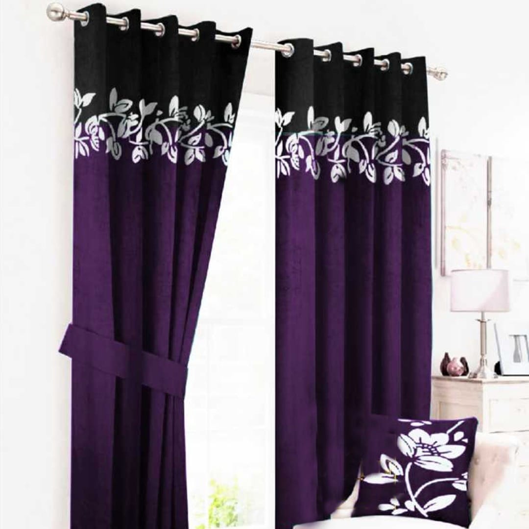 2 Tone Velvet Curtains floral design ( purple & B Lack )