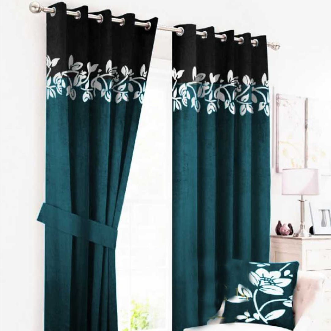 2 Tone Velvet Curtains floral design ( Tail & Black )