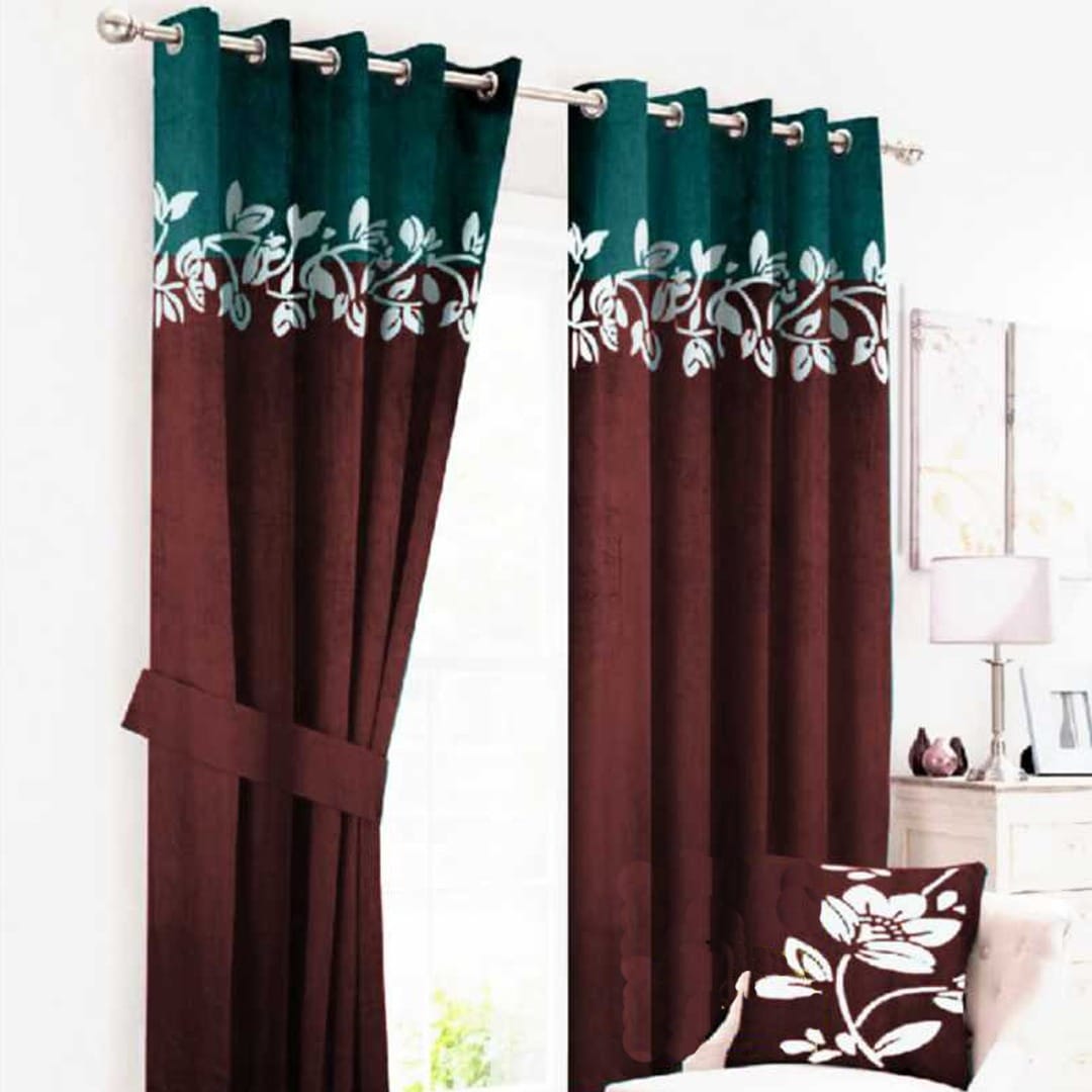 2 Tone Velvet Curtains floral design ( maroon & Green )