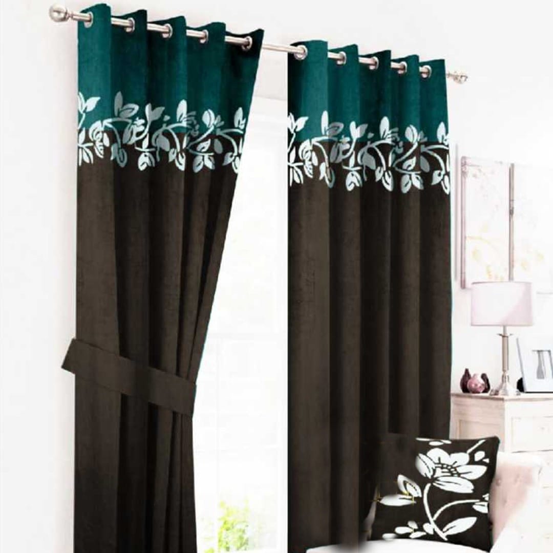 2 Tone Velvet Curtains floral design ( Green & D -Grey )