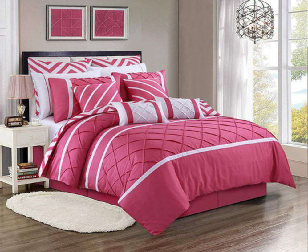 Luxury Horizontal Pleats Duvet set T PINK & WHITE