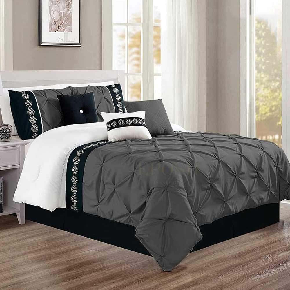 Embroidered Pintuck Duvet 8 Pieces - D GREY & WHITE