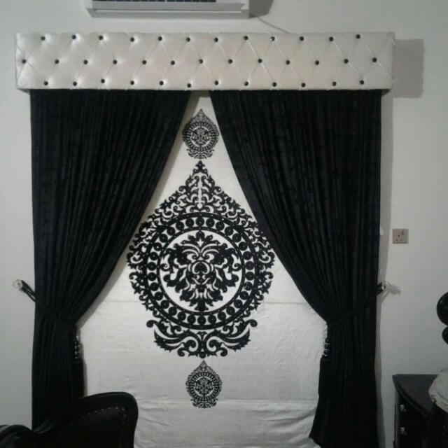 Luxury velvet fabric Blind & Curtain Set ( Black & white )
