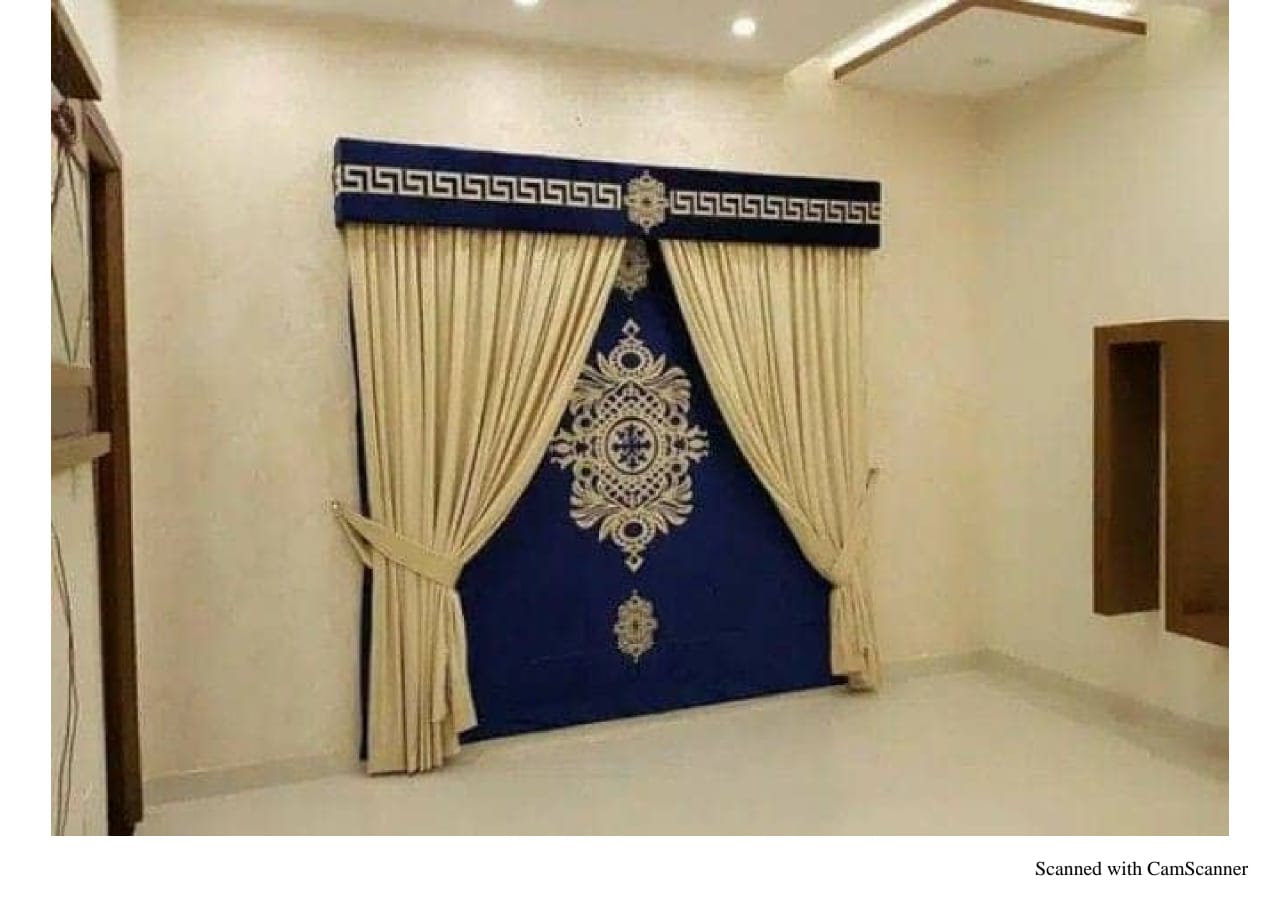 Luxury velvet fabric Blind & Curtain Set ( Blue & L- Gold )