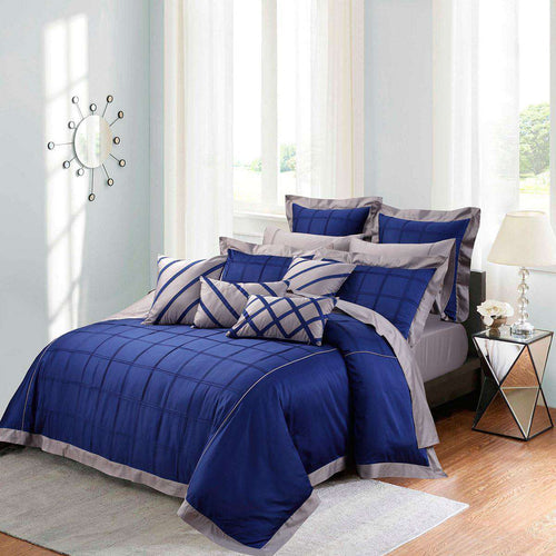 Luxury Horizontal Pleats Duvet Sets - ROYAL BLU &GREY
