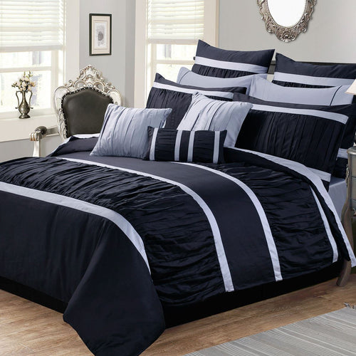 Luxury Horizontal Pleats Duvet Sets - navy blue & sky