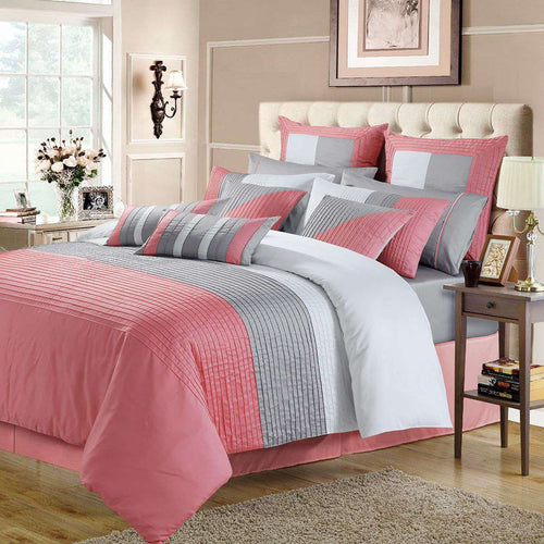 Luxury Horizontal Pleats Duvet Sets - Peach &white