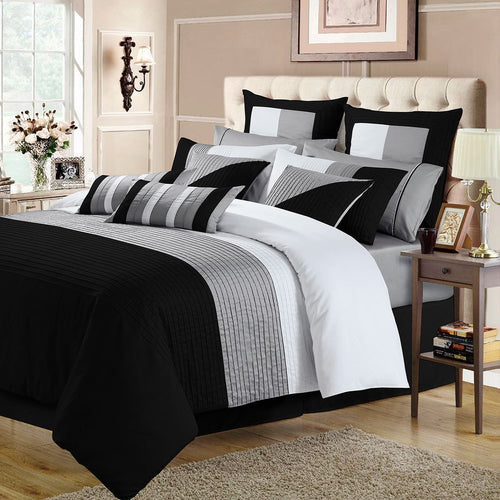 Luxury Horizontal Pleats Duvet Sets - black &white