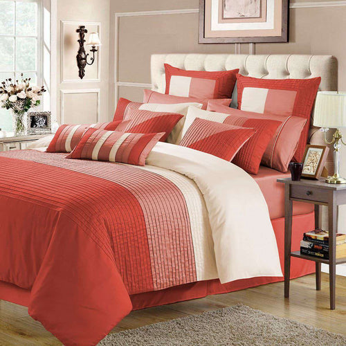 Luxury Horizontal Pleats Duvet Sets - red &cream
