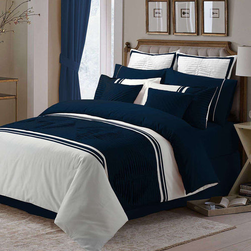 Luxury Horizontal Pleats Duvet Sets - navy blue &cream