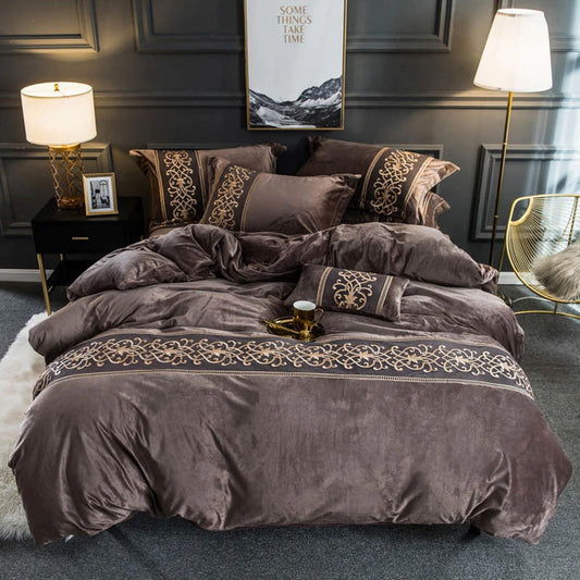 Embroidered velvet Duvet set 8 Pieces(brown)