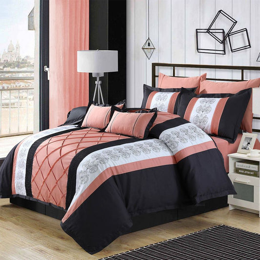 Embroidered Duvet Pleated Sets ( peach & navy )