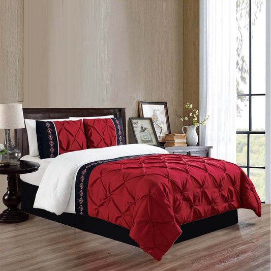 Embroidered Pintuck Duvet 8 Pieces - RED & WHITE