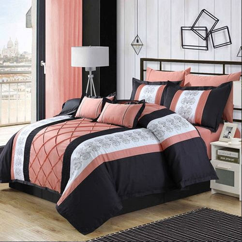 Embroidered Duvet Pleated Sets ( peach & black )