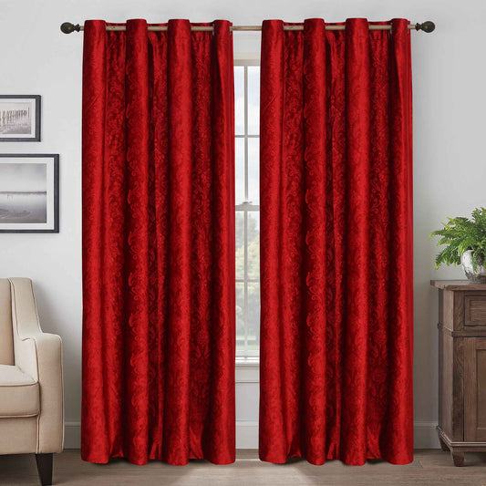 Plain Dyed Velvet Eyelet Curtains -( Red  )