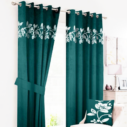 Luxury velvet curtain top flower design (Green &White )