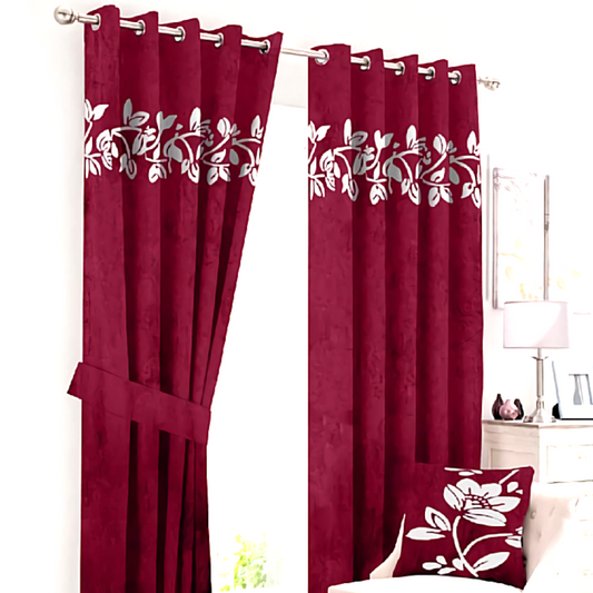 Luxury velvet curtain top flower design (Maroon& White )