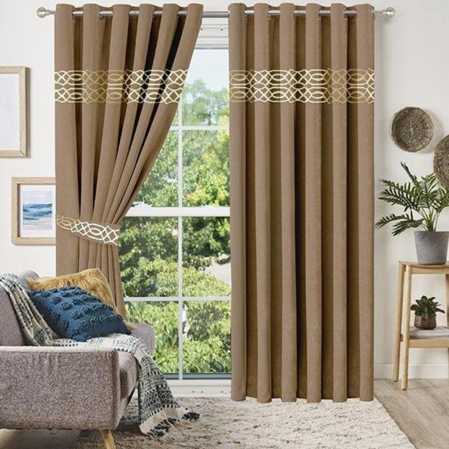 Luxury velvet curtain top border design (  camel & cream )