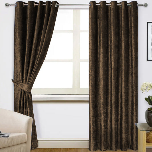 Plain Dyed Velvet Eyelet Curtains -( brown  )