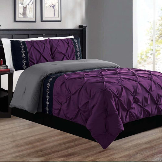 Embroidered Pintuck Duvet 8 Pieces - purple & Grey