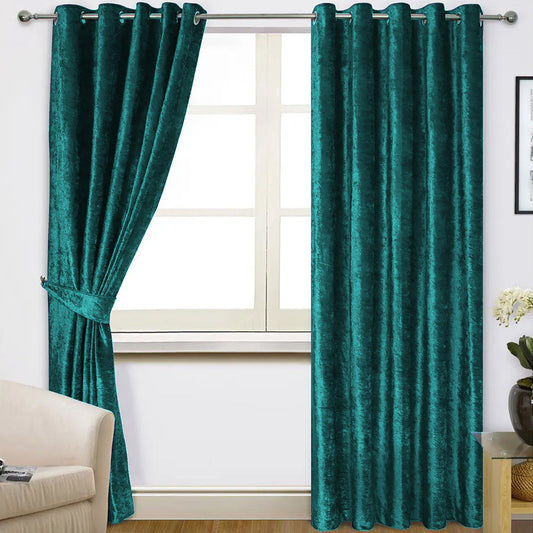 Plain Dyed Velvet Eyelet Curtains -( green  )