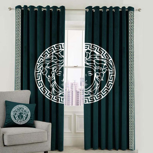 Luxury velvet curtain versace design (  green & white  )