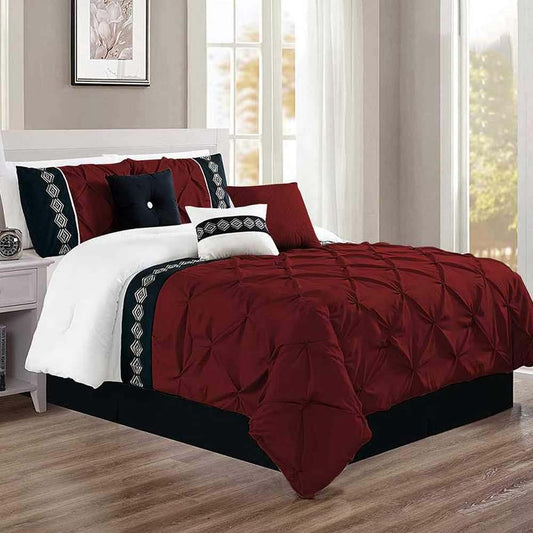 Embroidered Pintuck Duvet 8 Pieces - Maroon & WHITE