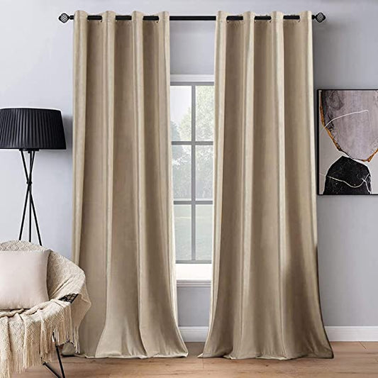 Plain Dyed Velvet Eyelet Curtains -( Natural  )