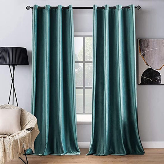 Plain Dyed Velvet Eyelet Curtains -( Aqua Green  )