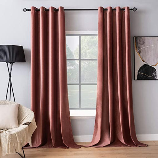 Plain Dyed Velvet Eyelet Curtains -( L-Brown  )