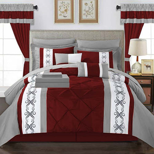 Embroidered Duvet Pleated Sets ( red & grey )