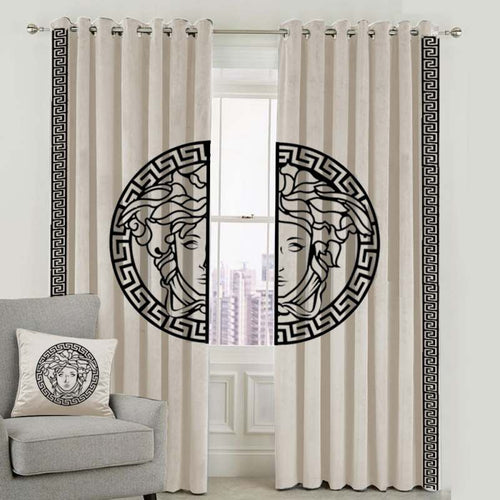 Luxury velvet curtain versace design (  cream & black  )