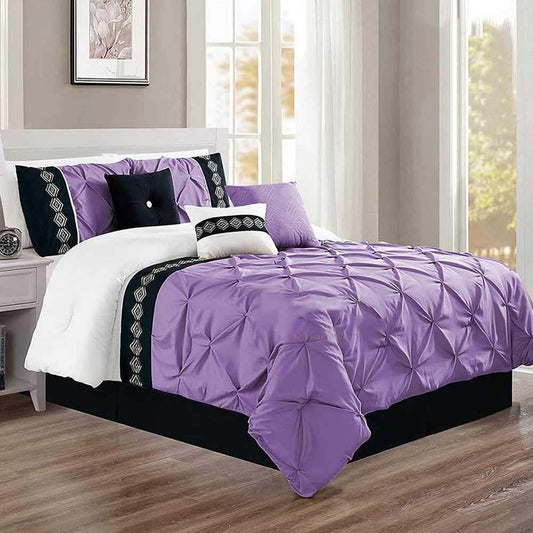 Embroidered Pintuck Duvet 8 Pieces - LIGHT PURPLE & WHITE