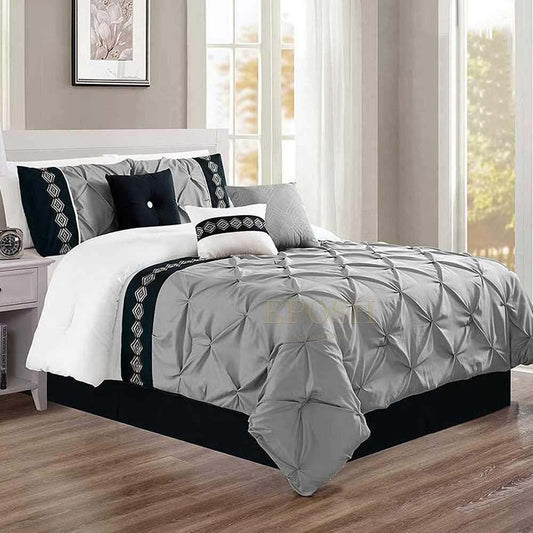 Embroidered Pintuck Duvet 8 Pieces - GREY & WHITE