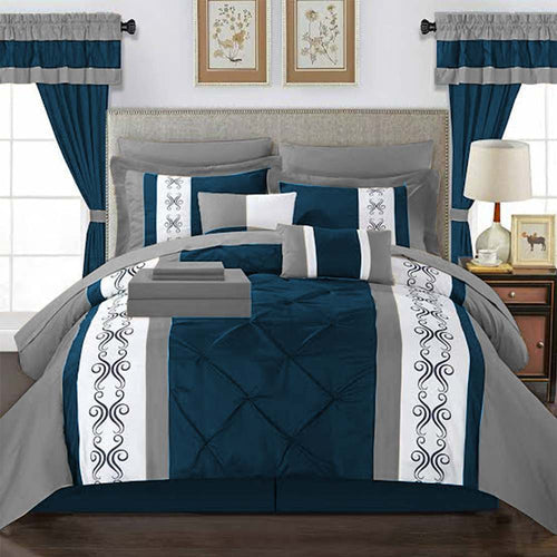 Embroidered Duvet Pleated Sets ( blue & grey )