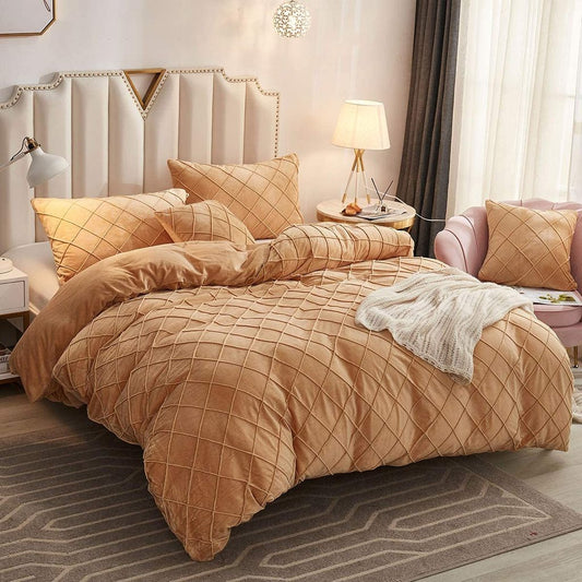 CROSS PLEATED DUVET COVER SET VELVET FABRIC (peach )