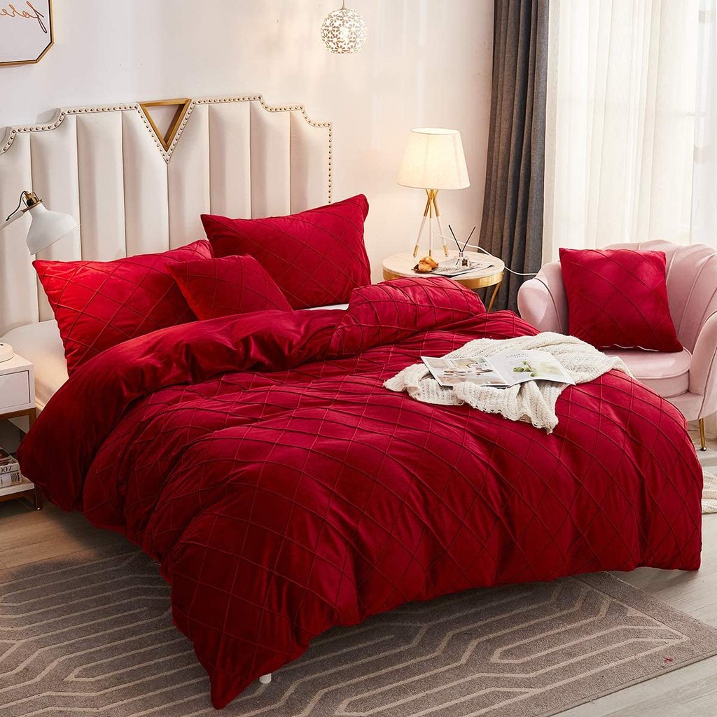 CROSS PLEATED DUVET COVER SET VELVET FABRIC ( maroon )